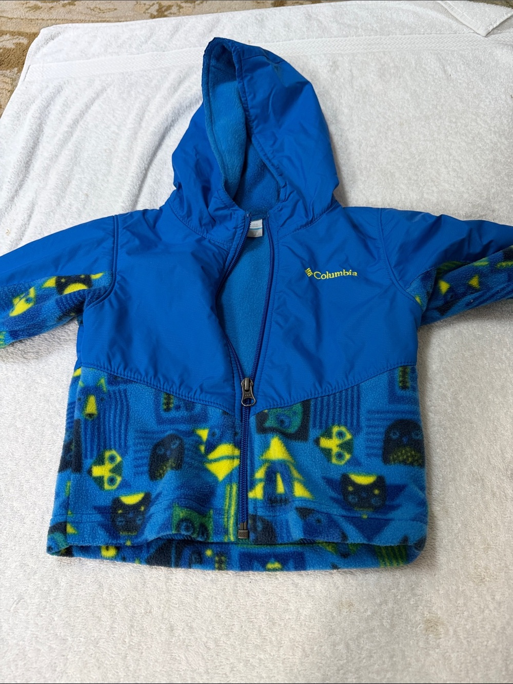 Columbia Bright Blue Hooded Fleece Jacket with Neon Accents